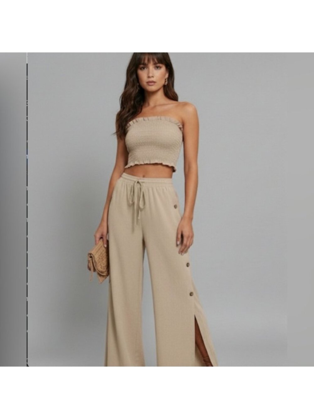Boho Frill Trim Tube Top & Split Hem Pants